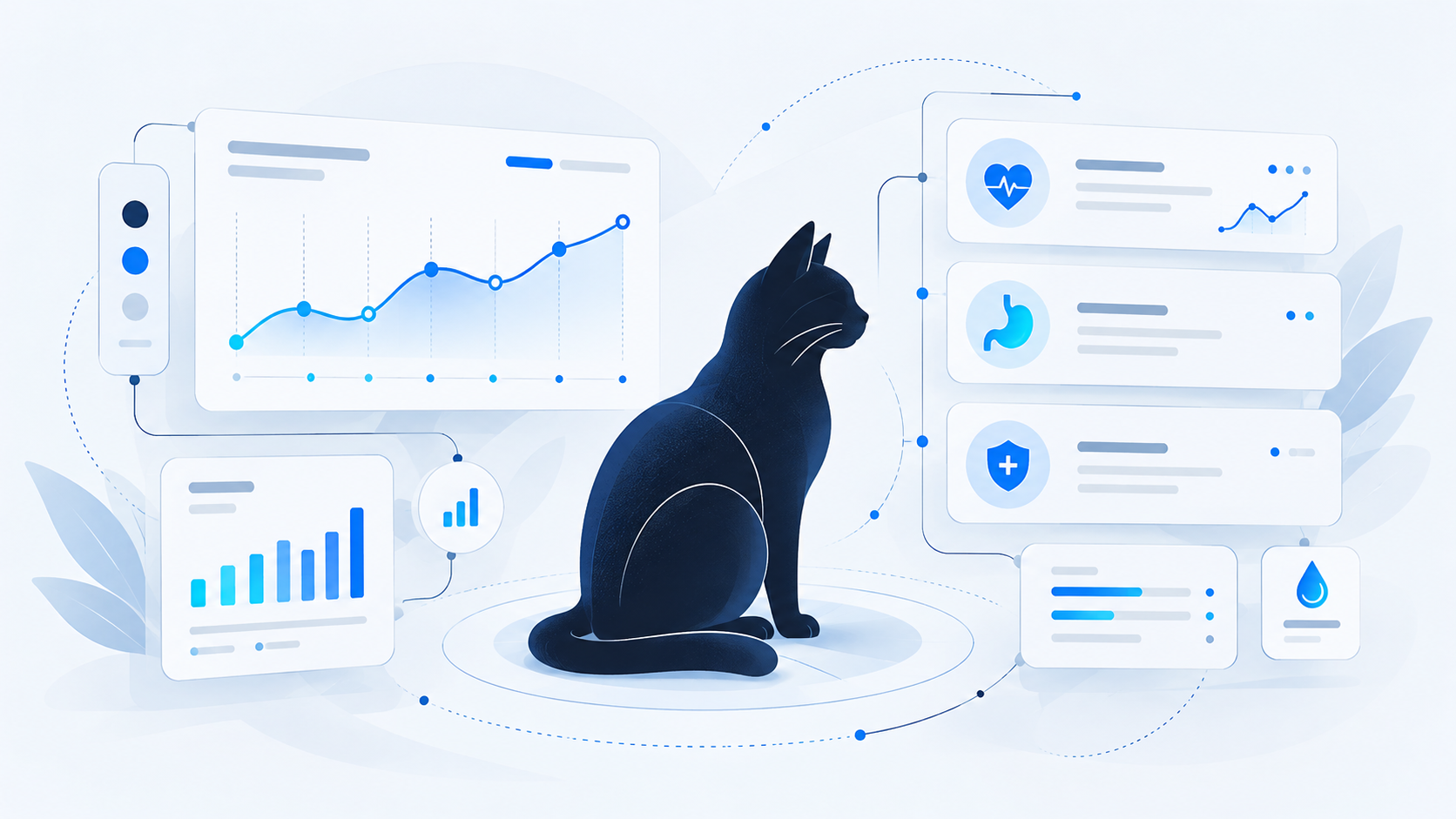 Panel conceptual de seguimiento de salud felina con datos sintéticos.
