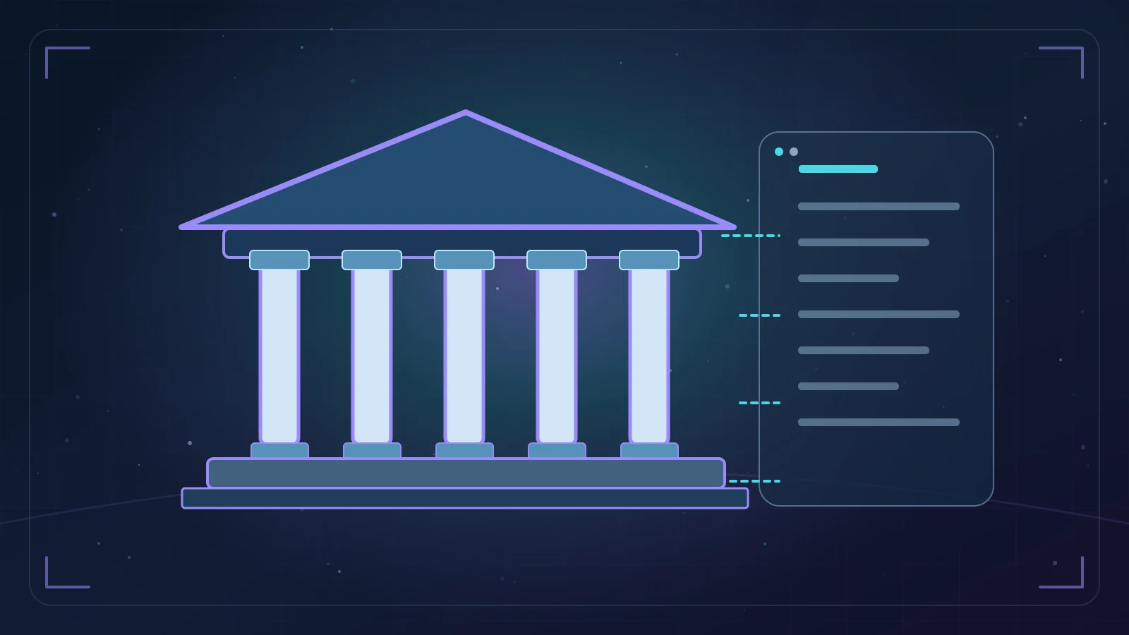 Representación editorial conceptual de un edificio judicial conectado con expedientes digitalizados.