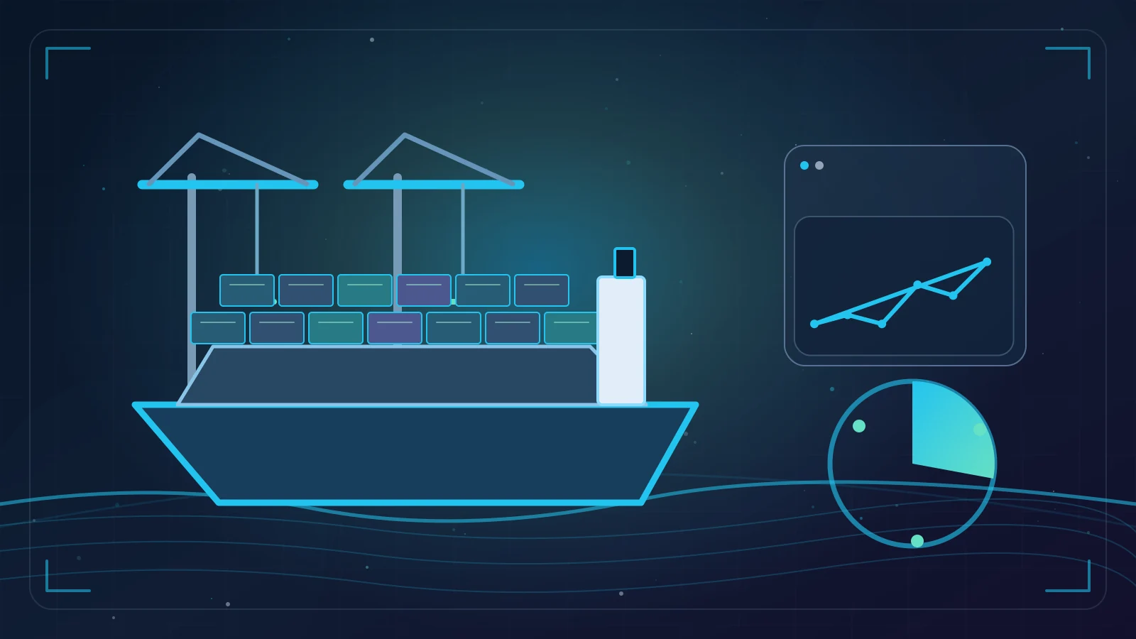Ilustración conceptual de un puerto de contenedores con grúas, embarcación y gráficos económicos.
